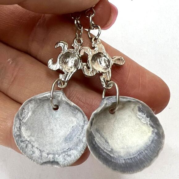 Dangle Earrings Genuine Handcrafted Seashell Turtle Blue Gray Coastal Beach - Picture 9 of 15